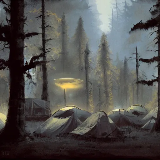 Image similar to a eerie campground surrounded by ghosts, craig mullins