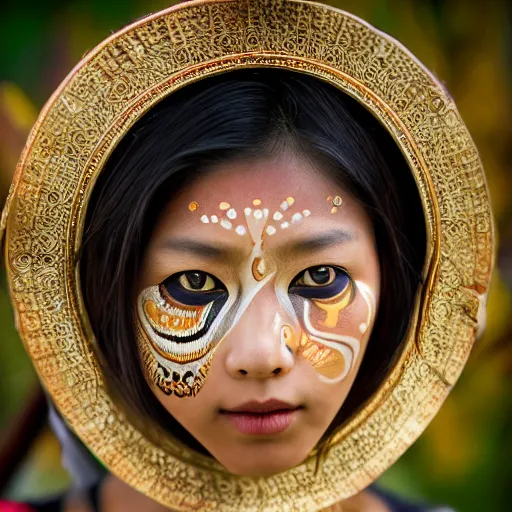 Image similar to portrait of a stunningly beautiful asian tribal female, small amount of traditional facepainting, depth of field, zeiss lens, detailed, symmetrical, centered, fashion photoshoot, by alphonse mucha, Annie Leibovitz and Steve McCurry, David Lazar, Jimmy Nelsson, Breathtaking, 8k resolution, extremely detailed, beautiful, establishing shot, artistic, hyperrealistic, beautiful face, octane render