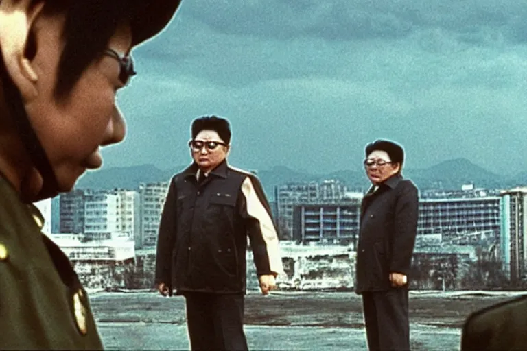 Image similar to a filmstill of Kim Jong-il looking at Starro Kaiju monster destroying Pyongyang, in Stalker (1979) by Andreï Tarkovski, traditional Korean city, palace, epic ultrawide shot, cinémascope