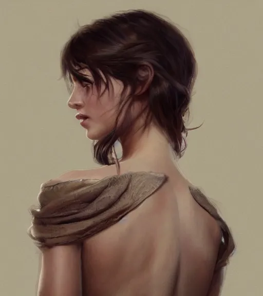 Image similar to portrait of a young woman, soft features, muscular, half body, cloth, hazel eyes, short brown hair, back light, d & d, fantasy, intricate, highly detailed, digital painting, artstation, concept art, smooth, sharp focus, illustration, art by artgerm and greg rutkowski and alphonse mucha