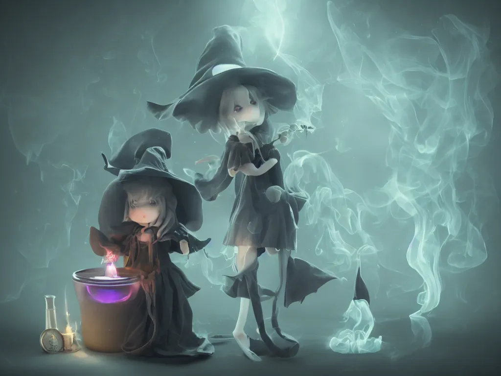 Prompt: cute fumo plush girl witch stirring a cauldron swirling with strange energy, ominous cauldron of glowing potion, eldritch tattered gothic horror maiden, smoke and volumetric fog, witch girl, soothsayer, lens flare glow, vray