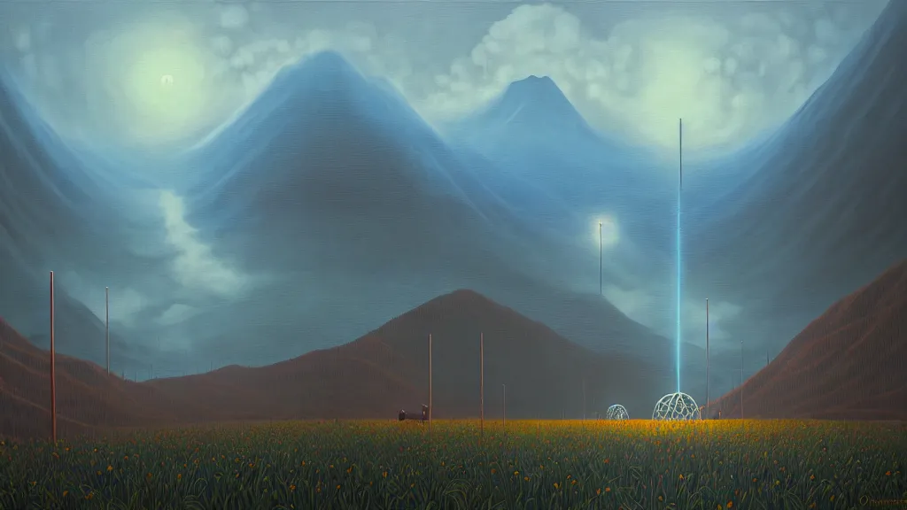 Prompt: Nuclear Nature harmony; by Oswaldo Moncayo; by Simon Stålenhag, oil on canvas; Location: Quito Ecuador