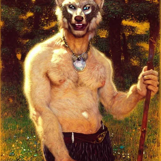 Image similar to a male boarman wolf man wearing a shirt and pants furry arms furry body walking stick new york. furaffinity furry art detailed face painting by gaston bussiere craig mullins jc leyendecker gustav klimt artgerm greg rutkowski furry