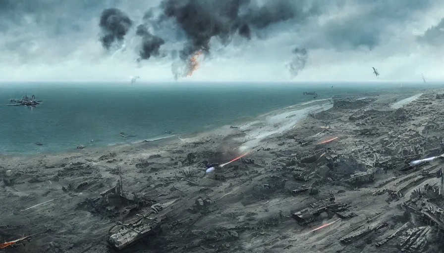 Prompt: Cinematic view of D-Day in Normandy, wide view, hyperdetailed, artstation, cgsociety, 8k