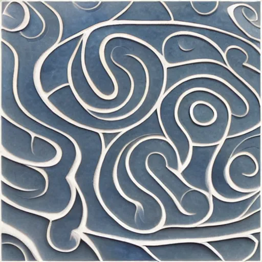 Prompt: serpentine maze, fine details, fractal swirls, carved soapstone relief paneling white and pale blue