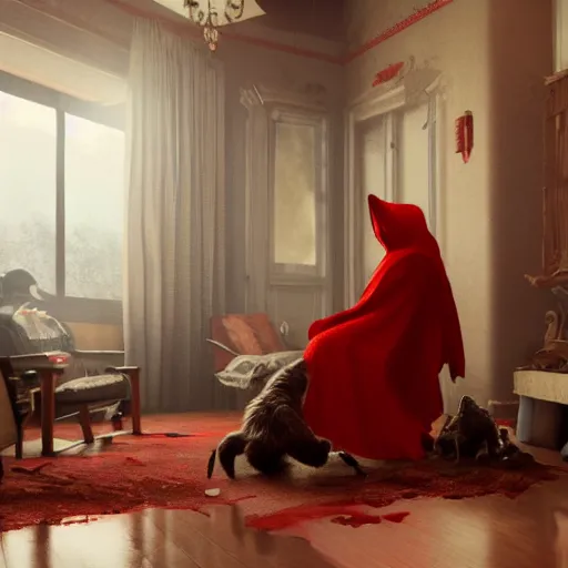 Prompt: big bad wolf and red riding hood talking in grandma’s living room, 3d scene, render, ultra realistic, zenith view, Greg Rutkowski, artstation, cgsociety, unreal engine, 3d scene, render, ultra realistic