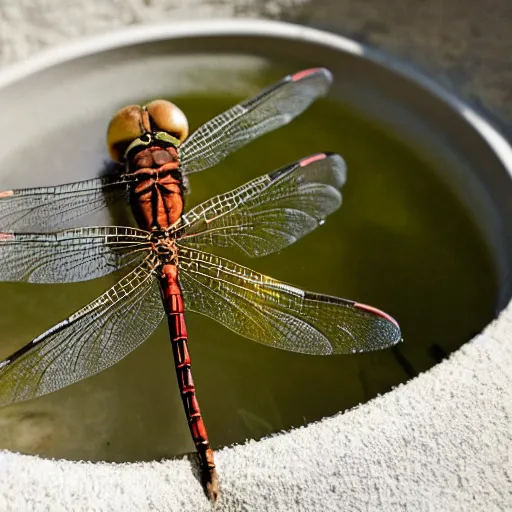 Prompt: dragonfly in a bathtub in the alps, libertine!! in background