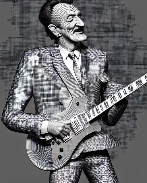 Image similar to barry chuckle ( shredding on a gibson les paul. guitar solo, bold, art by stanisław szukalski, 3 d rendering by beeple )