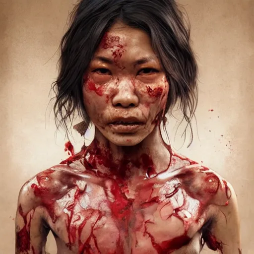 Prompt: portrait painting of a bloodied indonesian female butcher, ultra realistic, concept art, intricate details, eerie, highly detailed, photorealistic, octane render, 8 k, unreal engine. art by artgerm and greg rutkowski and alphonse mucha