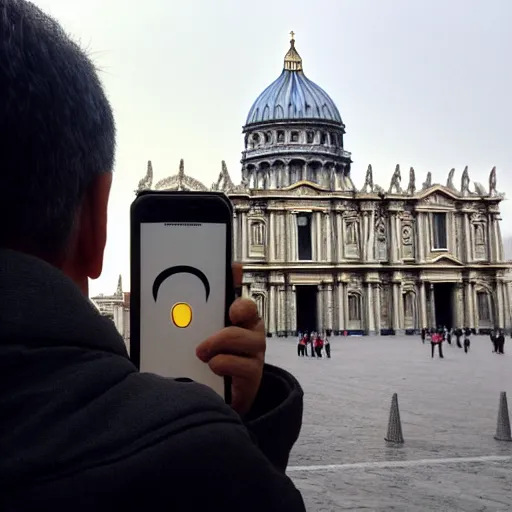 Image similar to artistic photograph by ai weiwei of a man showing ( ( ( stinky finger ) ) ) with condom on it ( ( ( from behind ) ) ), st peter's basilica slighly out of focus in background, cell phone photo