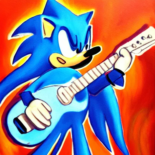 Image similar to oil painting of a sonic plays guitar