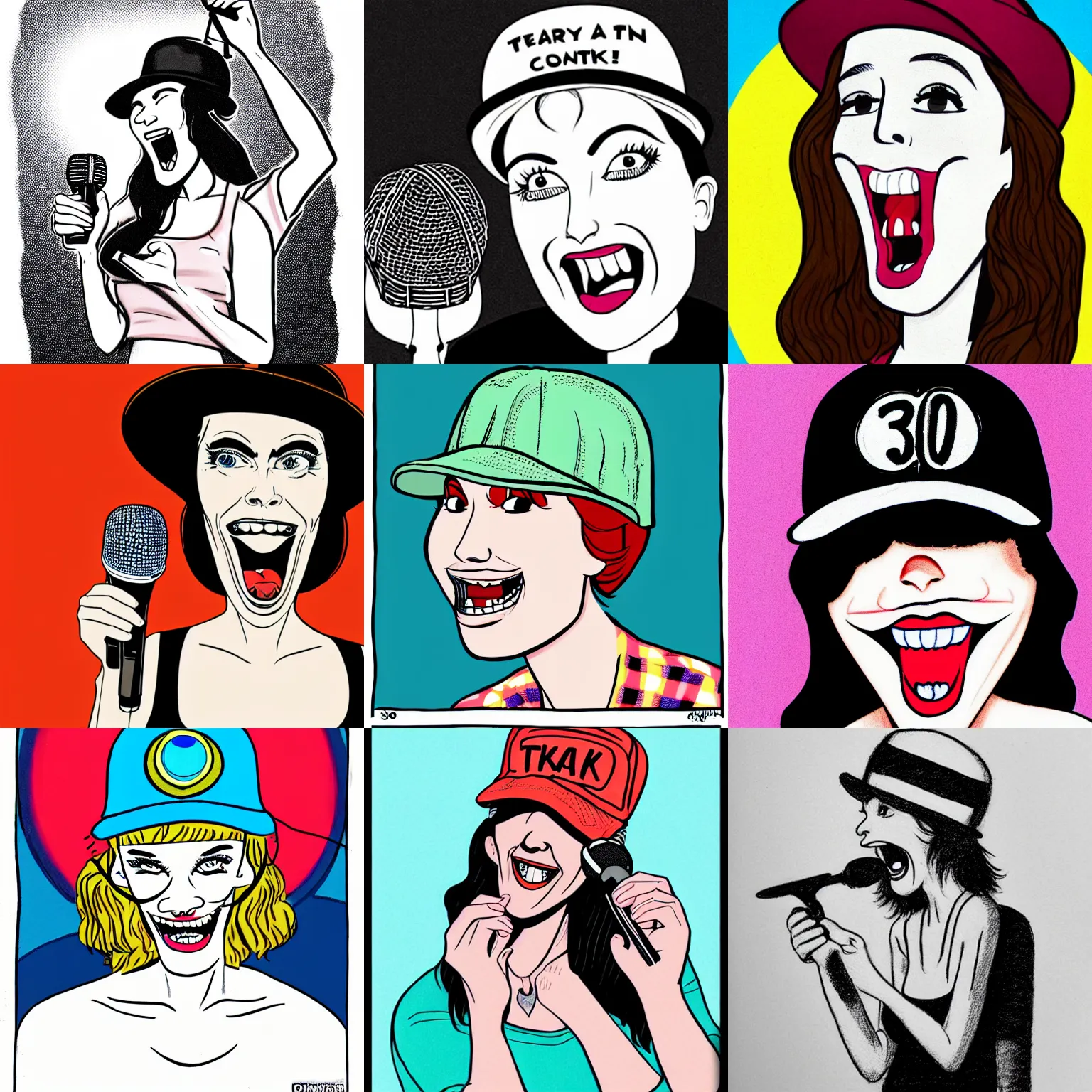 Prompt: a very attractive 3 0 - year - old skatepunk comedienne wearing a flatbrim hat holding a microphone in her right hand, laughing, pale beautiful skin, no makeup, pale blue eyes!, drawing by charles burns, lowbrow, adafruit, lighthearted, tumblr contest winner