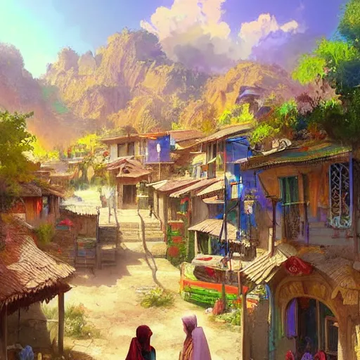 Image similar to colorful Kurdish village, anime, a fantasy digital painting by Greg Rutkowski and James Gurney, trending on Artstation, highly detailed