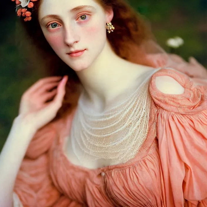 Image similar to Kodak Portra 400, 8K, soft light, volumetric lighting, highly detailed, britt marling style 3/4 ,portrait photo of a beautiful woman how pre-Raphaelites painter, dressed in long elegant intricate ornamental ethereal coral and shells dress, natural skin tone, highly detailed realistic flowers ornament in the upper side of breast, bust with a long beautiful neck , long dark hair are intricate with highly detailed realistic coral and shells, elegant, Realistic, Refined, Highly Detailed, natural outdoor soft pastel lighting colors scheme, outdoor fine art photography, Hyper realistic, photo realistic