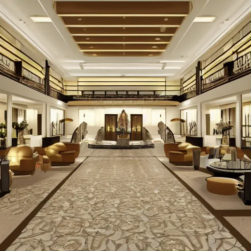 Image similar to wide angle view of an elegant hotel lobby, in the style of cell shaded anime, modern anime style, official anime still