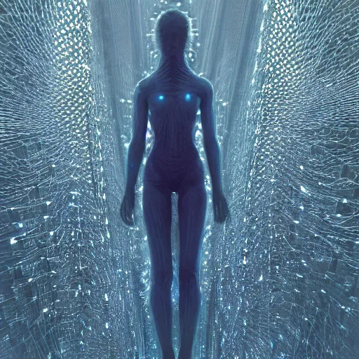 Image similar to Woman, body covered in spiky tesseract-shaped ice crystals on skin, 150mm, shiny, flat background, glowing, wires everywhere, by Edgar Maxence and Ross Tran, Zdzisław Beksiński, and Michael Whelan, distant, gustav dore, H.R. Giger, 8k, octane render