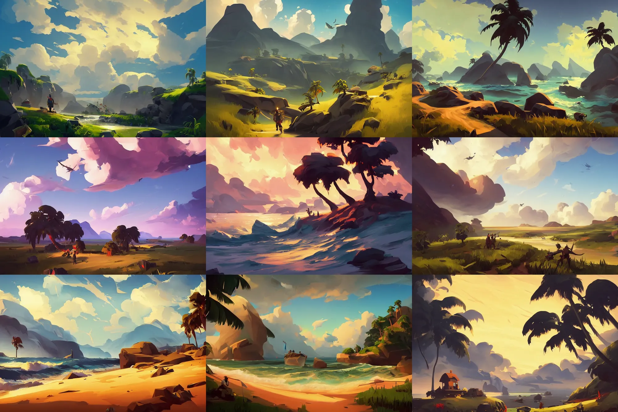 Prompt: landscape painting by sargent painting treasure on sea of thieves game smooth median photoshop filter cutout vector, behance hd by jesper ejsing, by rhads, makoto shinkai and lois van baarle, ilya kuvshinov, rossdraws global illumination adove low clouds sky image overcast