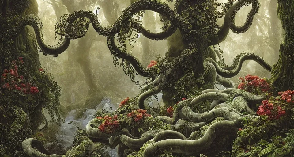 Prompt: elegant marble carving of tentacles, ferdinand knab, breath - taking beautiful trees, streams, flowers, and mist, an aesthetically pleasing, dynamic, energetic, lively, complex, intricate, detailed, well - designed digital art of trees, streams, flowers, and mist, early morning, light and shadow