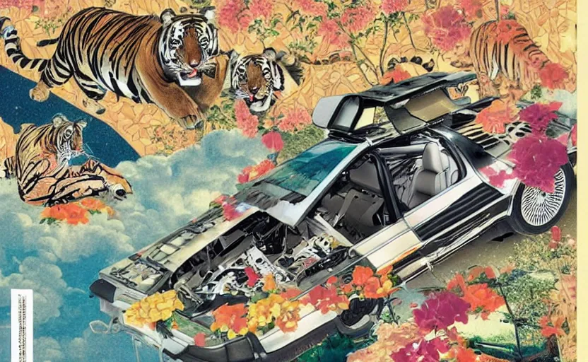 Prompt: a delorean and a tiger, colourful magazine collage, art by hsiao - ron cheng and utagawa kunisada, # e 5 3 7 1 b, # e 4 e 6 2 0, # de 9 5 f 0,