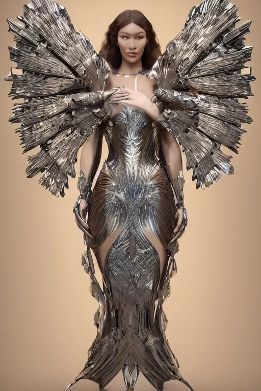 Image similar to a highly detailed 4 k render of a beautiful angel alien goddess bella hadid in iris van herpen dress armor schiaparelli in diamonds in style of alphonse mucha trending on artstation made in unreal engine 4