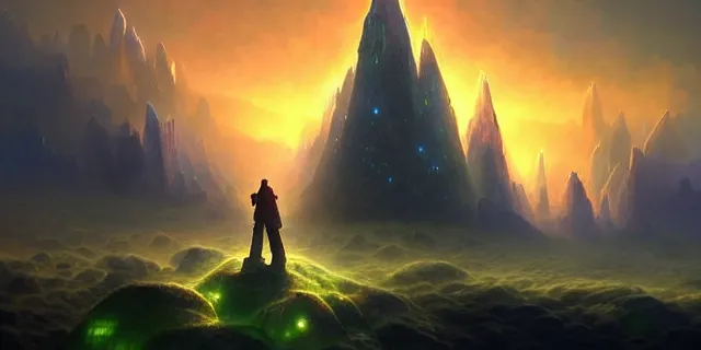 Image similar to a fleet of giant glowing futuristic crystal cubes in the sky, a fantasy magical landscape seen in the distance, atmospheric lighting, intricate, volumetric lighting, beautiful, sharp focus, ultra detailed, in the art style of marc simonetti, bowater charlie and brom gerald, astrophotography