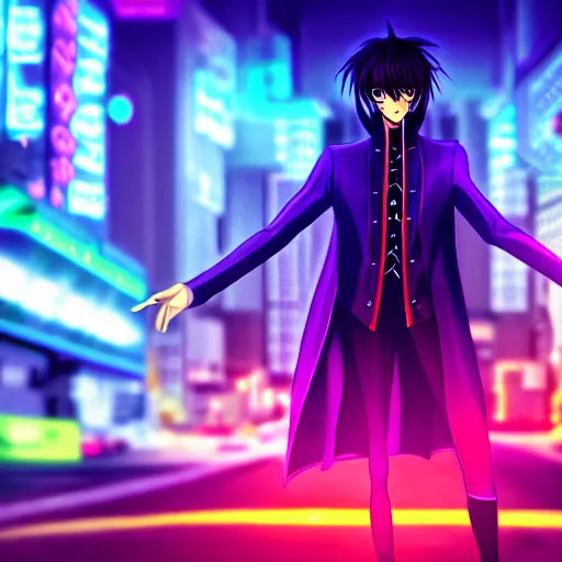 Prompt: Lelouch Lamperouge in a neon city, octane render 8k, atmospheric render, myserious man, professional render