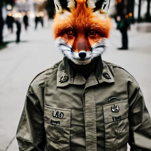 Image similar to a Fox dressed in a modern American general uniform, 85mm f/1.4