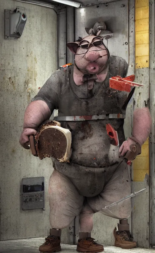 Image similar to fat pig with a human height with a chainsaw in the subway, photo, photorealistic, detailed, 8 k, hdr, high quality, high resolution, lossless quality, lossless, 4 k, 1 6 k