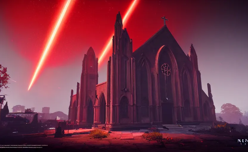 Image similar to symmetrical, ancient church of worship with red shafts of light in destiny 2, foggy, liminal, dark, dystopian, beautiful architecture, abandoned, highly detailed 4 k 6 0 fps destiny 2 expansion promotional poster, reveal image gameinformer