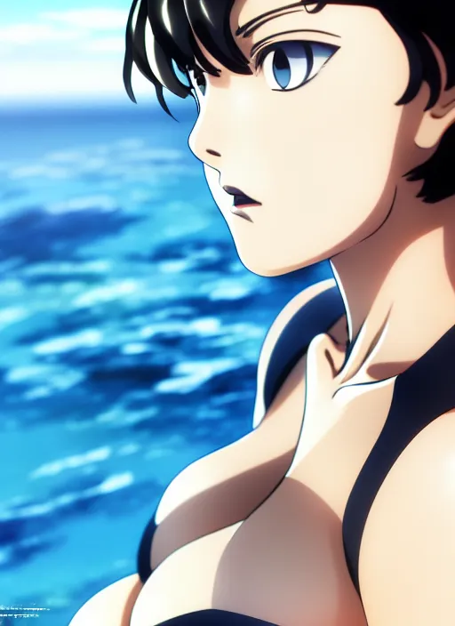 Image similar to film still portrait of fubuki from one punch man, wearing two - piece swimsuit, closeup at the faces, ilya kuvshinov, finely detailed feature, anime, deroo, pixiv top monthly, trending on artstation, cinematic, danbooru, zerochan art, kyoto animation