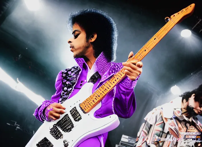 Image similar to photo still of prince from purple rain on stage at vans warped tour!!!!!!!! at age 3 3 years old 3 3 years of age!!!!!!!! shredding on guitar, 8 k, 8 5 mm f 1. 8, studio lighting, rim light, right side key light