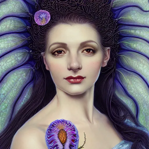 Image similar to portrait of a young attractive nerdy woman in flowing sensual dress, arrogant, long fine flowing hair, delicate, looking at camera, slightly awkward smile, realistic face, hands behind back, stylish, elegant, grimdark fantasy, flowers, extremely detailed painting inspired by Gerald Brom and Ernst Haeckel and Kaluta, studio lighting