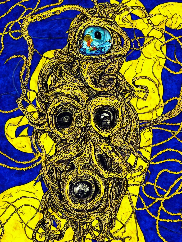 Image similar to a self portrait by the artist kelbv, in distinct hyper detailed style with tubes coming from eyes, and hollowed skull filled with blue and yellow paisley ellipsoids, perfect studio lighting against a backdrop of a still from the movie squid asthma.