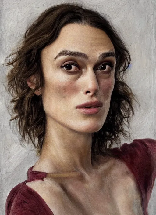 Image similar to Keira Knightley, painted by Lucian Freud, highly detailed, 8k