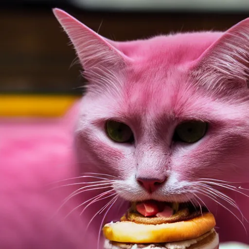 Image similar to photo of a pink cat with pink fur, eating a hamburger, biting a hamburger-C 12