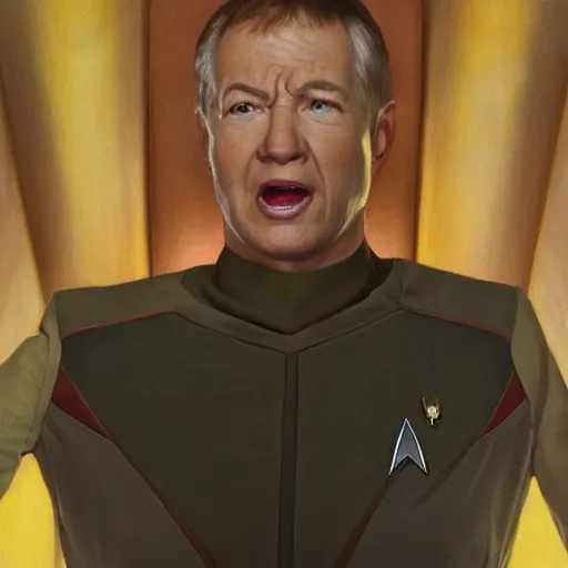 Image similar to photograph of captain j. kirk from star trek screaming in terror. sharp photograph, sharp focus, highly detailed,, detailed face!!, ultra realism, dramatic lighting, zeiss lens, canon eos, detailed skin, dynamic pose, 8 k resolution, hyperrealism, portrait photography, art by artgerm and greg rutkowski and alphonse mucha