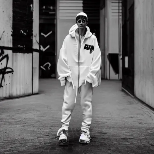 Image similar to vogue fashion photography of model wearing streetwear fashion white clothing, inside berghain, futuristic fashion, photo 3 5 mm leica, hyperdetail, 8 k, very detailed
