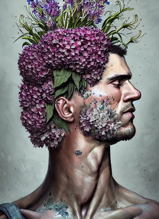 Image similar to handmade character portrait of a serious american soldier man, flowers growing on his body, explosion of amaryllis, hydrangea on his head, chrysanthemum, hyacinth, in the style of artgerm and enki bilal and bastien lecouffe - deharme, wlop, line art, watercolor, cinematic lighting, hyperdetailed, hyperrealistic