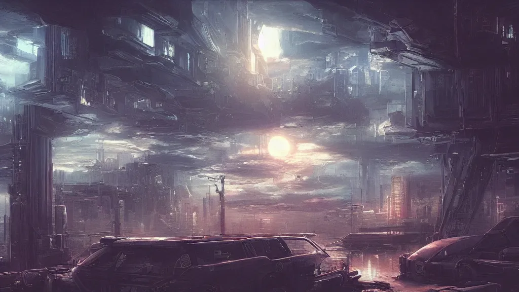 Image similar to Cyberpunk interior, clouds, sunset, painted by seb mckinnon, high detail, digital art, trending on artstation