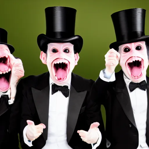 Image similar to 3 monkeys pointing their fingers at the camera. wearing top hats, laughing uncontrollably, hysterical laughter