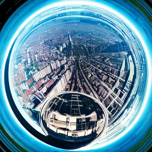 Image similar to city in space, art deco, fisheye lens