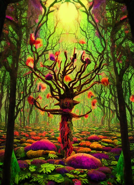 Image similar to a small psychedelic surreal horror giant made of multicolored psychotropic trees and flowers, magical creatures in the chaotic spirit forest, fulcolor octane reminder, cinematic, ultra - realistic, bizarre weird cosmic conceptual tribal art