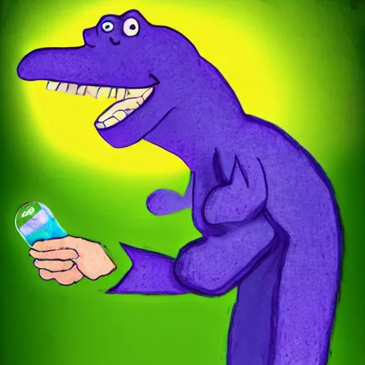 Prompt: fullbody!! barney the dinosaur from the kid's show holding a broken bottle, absurdist, hyperrealistic, digital art