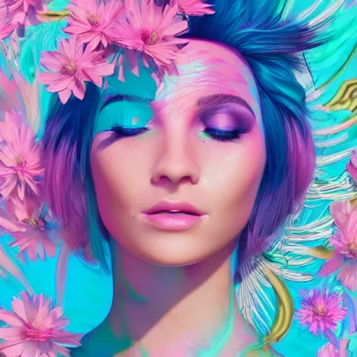 Prompt: a divine feminine woman, pink hair, rosey cheeks, sparkles on eyelids, surrounded by lush flowers and feathers in bright abstract colours, ultra realistic digital painting, artstation, concept art, pop, smooth, sharp focus, illustration, art by dean corwell 3 d 8 k ultra detailed