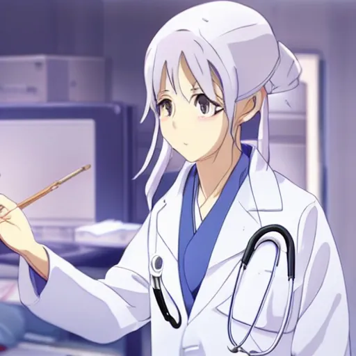 Image similar to a cute young lady, a doctor wearing white coat in hospital ward, slice of life anime, anime scenery by Makoto shinkai