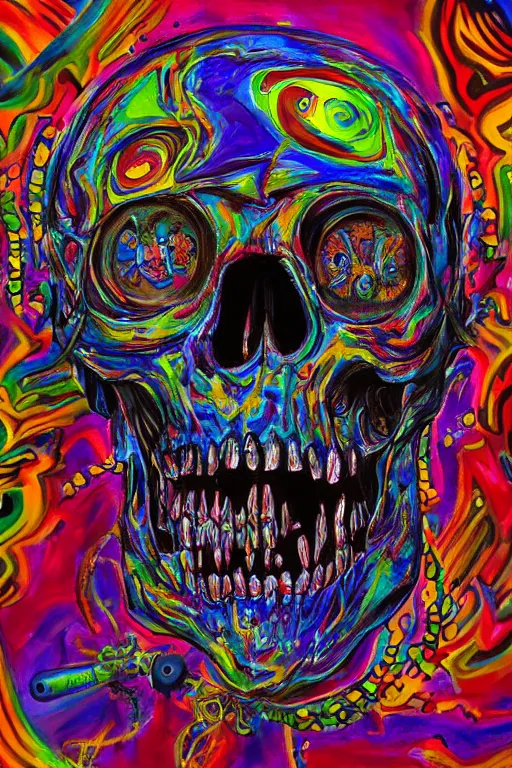 Image similar to extravagant and complex painting with almost quantum details of a hybrid of a zombie skull with a cap, riding a skateboard at full speed and you can see the mandiba, psychedelic mad surreal new psy horror art