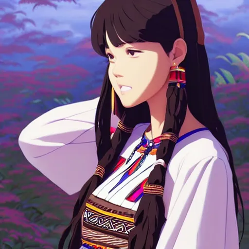 Image similar to a beautiful! plus sized native women instagram model, brown skin, wearing elegant catholic school girl designer fashion with mayan pattern and native style, aztec street fashion, gapmoe yandere grimdark, trending on pixiv fanbox, painted by greg rutkowski makoto shinkai takashi takeuchi studio ghibli, akihiko yoshida