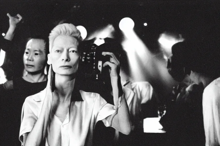 Image similar to Tilda Swinton at a nightclub in a Wong Kar-wai film, 35mm film