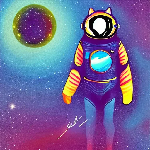 Image similar to a cat wearing a space suit while floating in space, digital art