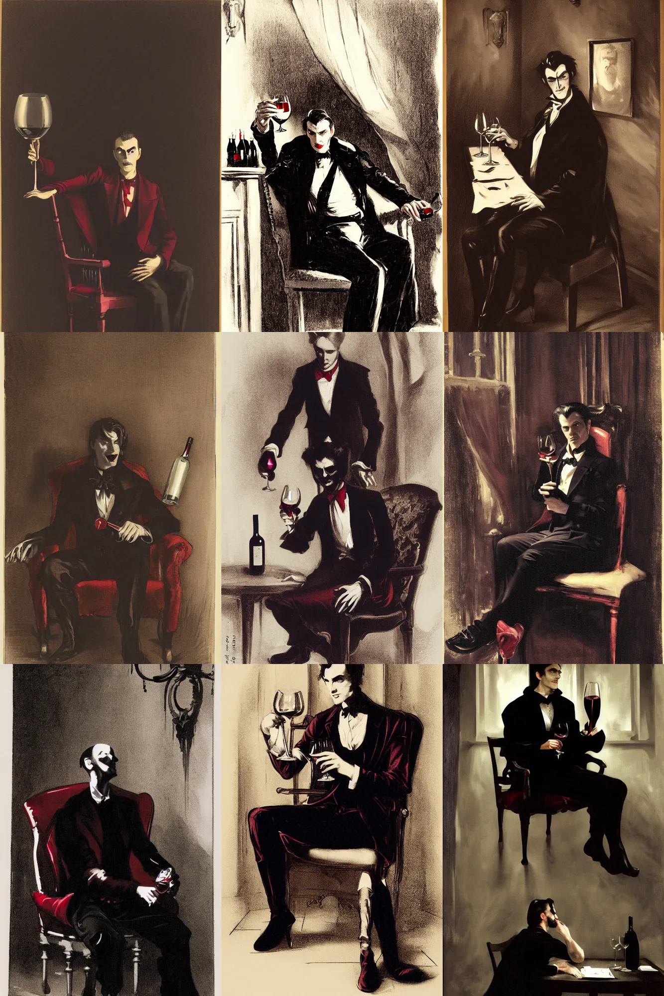 Prompt: character portrait of a vampire with one leg crossed over the other, facing the camera, holding a wine glass filled with red wine in his hand, sitting sitting dramatically on a chair in a dark room, trophies along the back wall on bookshelves, moody colors, amazing value control, john singer sargent, dramatic lighting, sharp focus